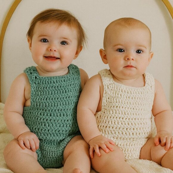 Pair of Hand Knit Cotton Baby Rompers - Picture 3 of 8